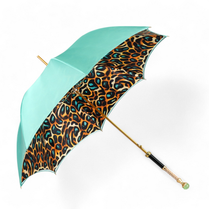 Luxury Leopard Print Umbrella with 24K Gold & Green Crystal Handle