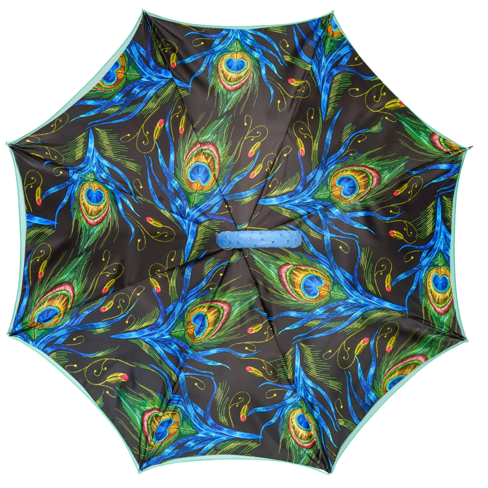Peacock-Inspired Umbrella with Blue Ostrich Leather Handle