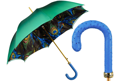 Peacock-Inspired Umbrella with Blue Ostrich Leather Handle