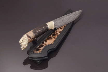 Collectible Mosaic Damascus Steel Knife with Hybrid Handle