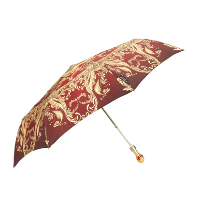 Burgundy Crown Ladies Folding Umbrella with Red Stone Handle
