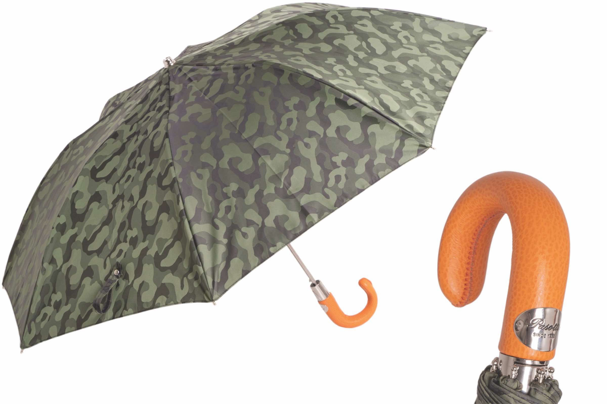 Camouflage Folding Automatic Umbrella with Orange Leather Handle