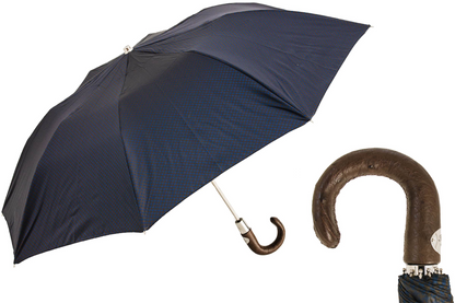 Brown and Navy Folding Automatic Opening Umbrella with Ostrich Leather