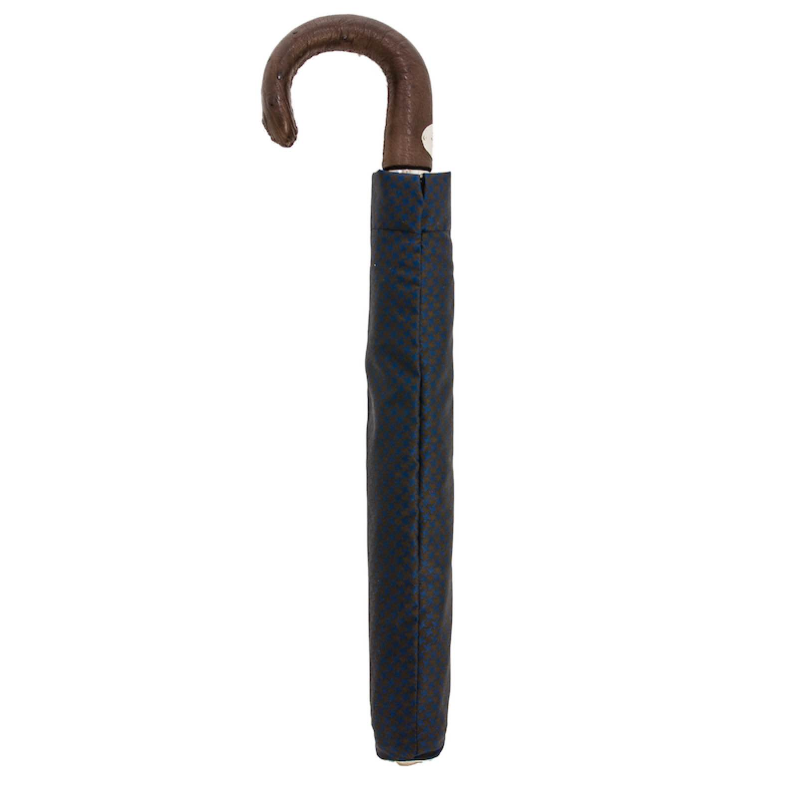 Brown and Navy Folding Automatic Opening Umbrella with Ostrich Leather