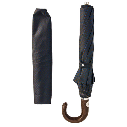 Brown and Navy Folding Automatic Opening Umbrella with Ostrich Leather