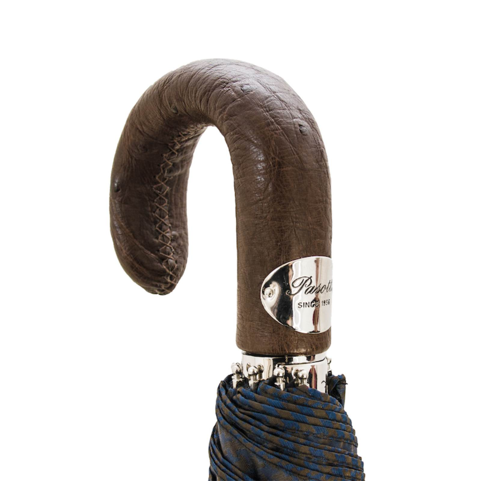 Brown and Navy Folding Automatic Opening Umbrella with Ostrich Leather