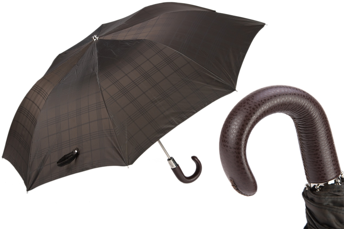 Brown Check Umbrella with Leather Handle – Automatic Opening