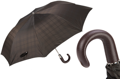 Brown Check Umbrella with Leather Handle – Automatic Opening