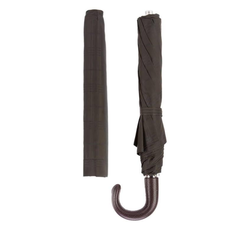 Brown Check Umbrella with Leather Handle – Automatic Opening