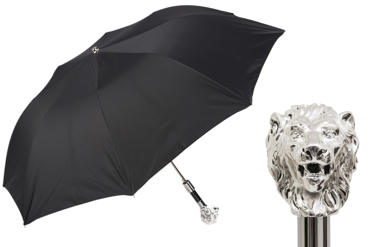 Silver Lion Folding Umbrella – Automatic Opening, Handmade in Italy