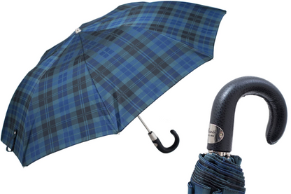 Tartan Folding Umbrella with Leather Handle – Automatic Opening