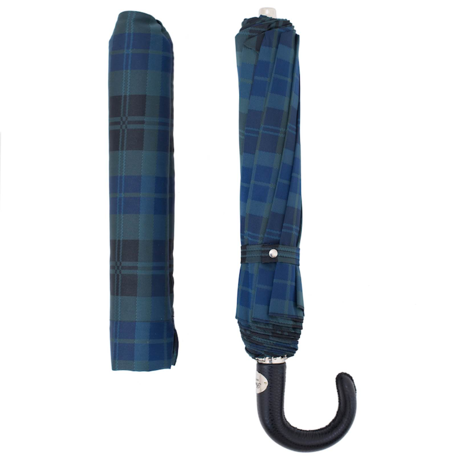 Tartan Folding Umbrella with Leather Handle – Automatic Opening
