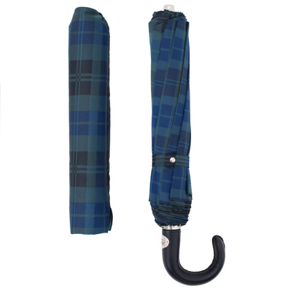 Tartan Folding Umbrella with Leather Handle – Automatic Opening