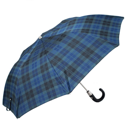 Tartan Folding Umbrella with Leather Handle – Automatic Opening