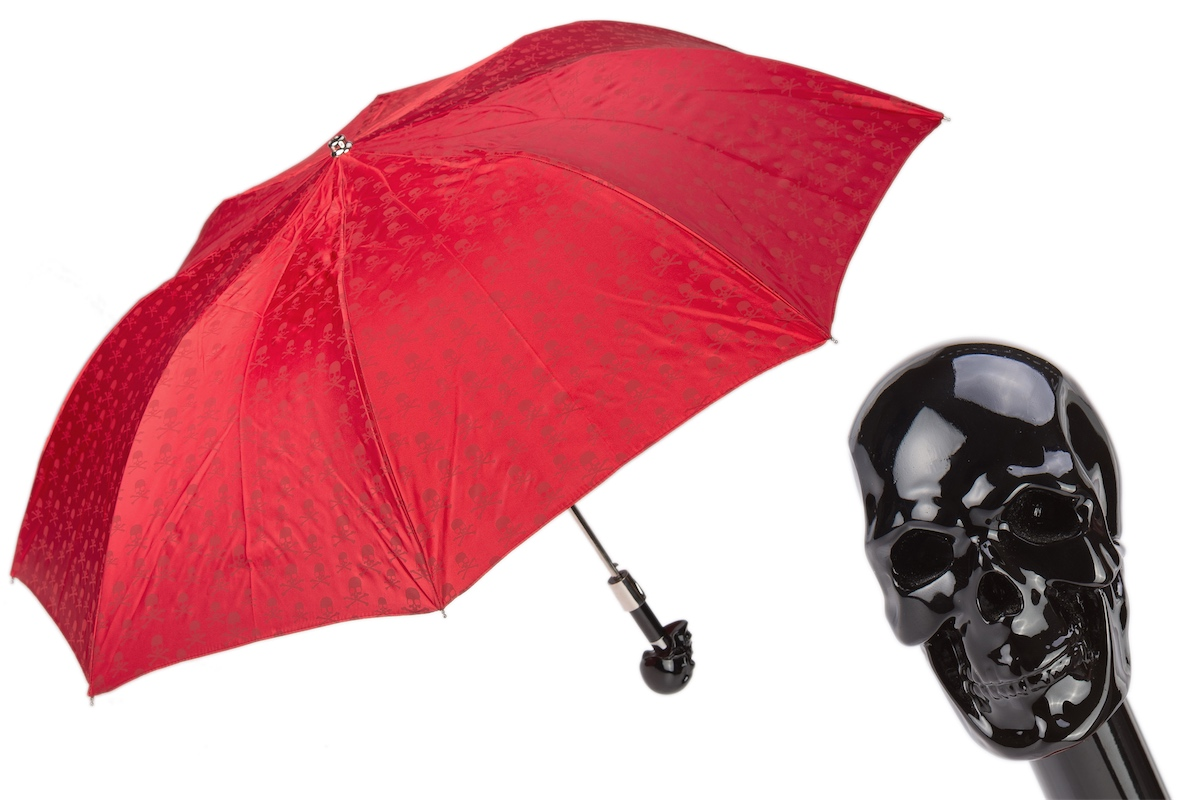 Red Folding Umbrella with Carbonised Skull Handle – Automatic Opening