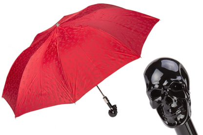 Red Folding Umbrella with Carbonised Skull Handle – Automatic Opening