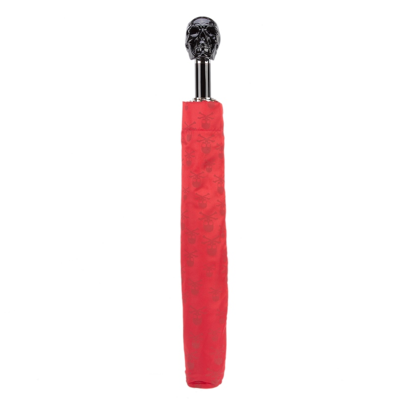 Red Folding Umbrella with Carbonised Skull Handle – Automatic Opening