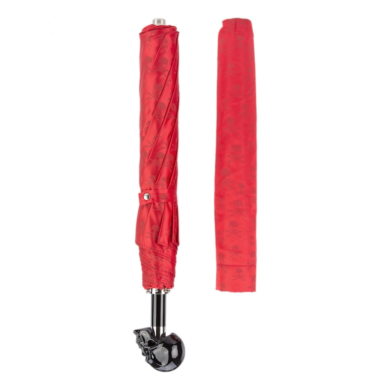 Red Folding Umbrella with Carbonised Skull Handle – Automatic Opening