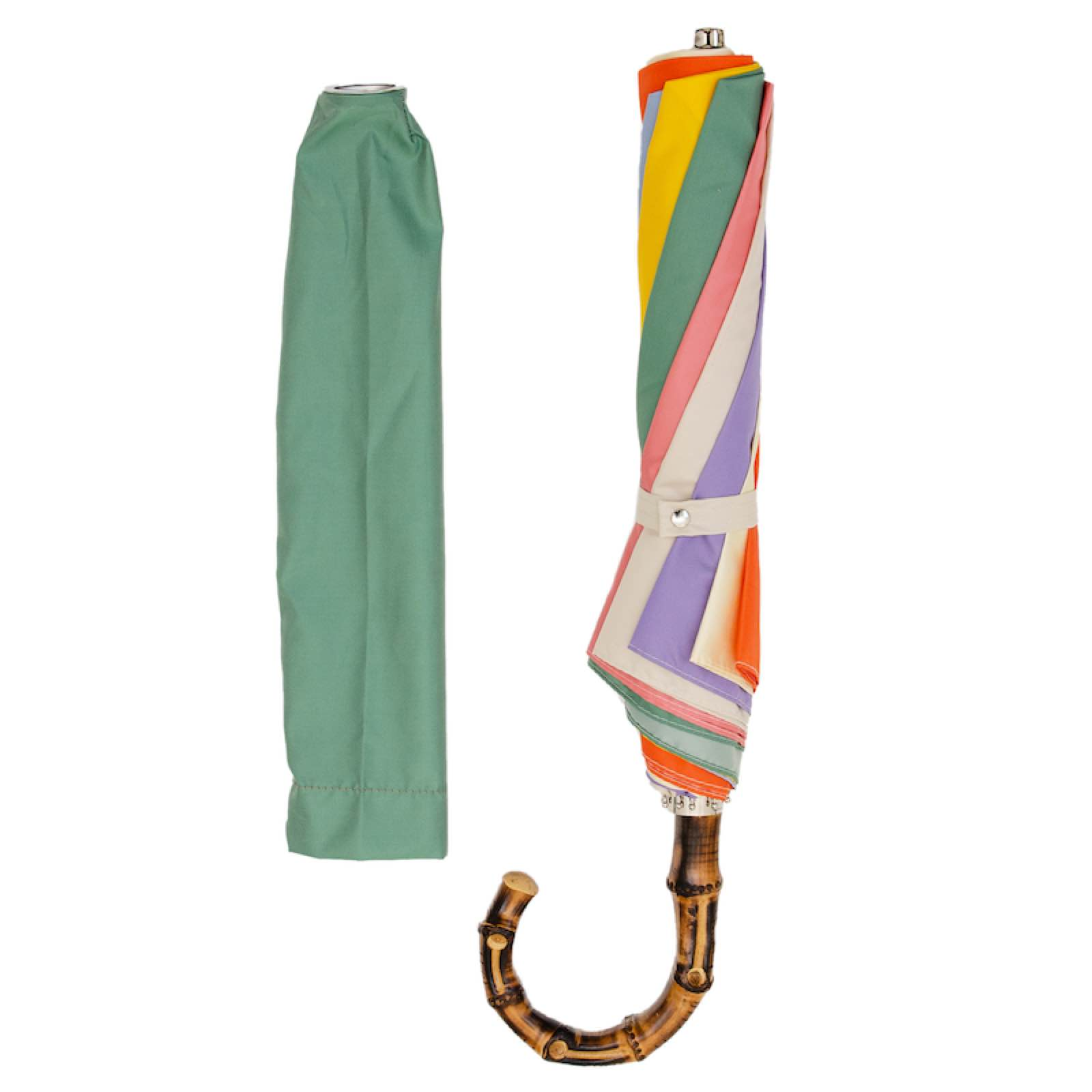 Rainbow Folding Umbrella with Bamboo Handle – Automatic Opening