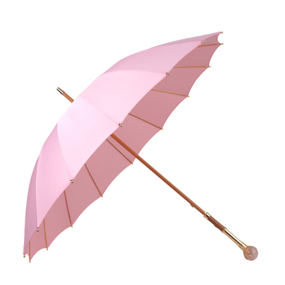 Limited Edition 24K Gold Handle Genuine Quartz Accent Pink Umbrella