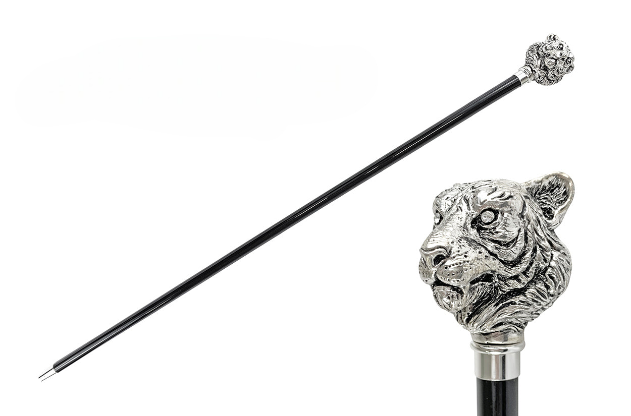 Handmade in Italy Exclusive Walking Stick with Silver-Plated 925 Tiger