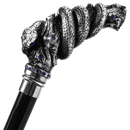 Luxury Silver-Plated Snake Cane with Sapphire Crystals
