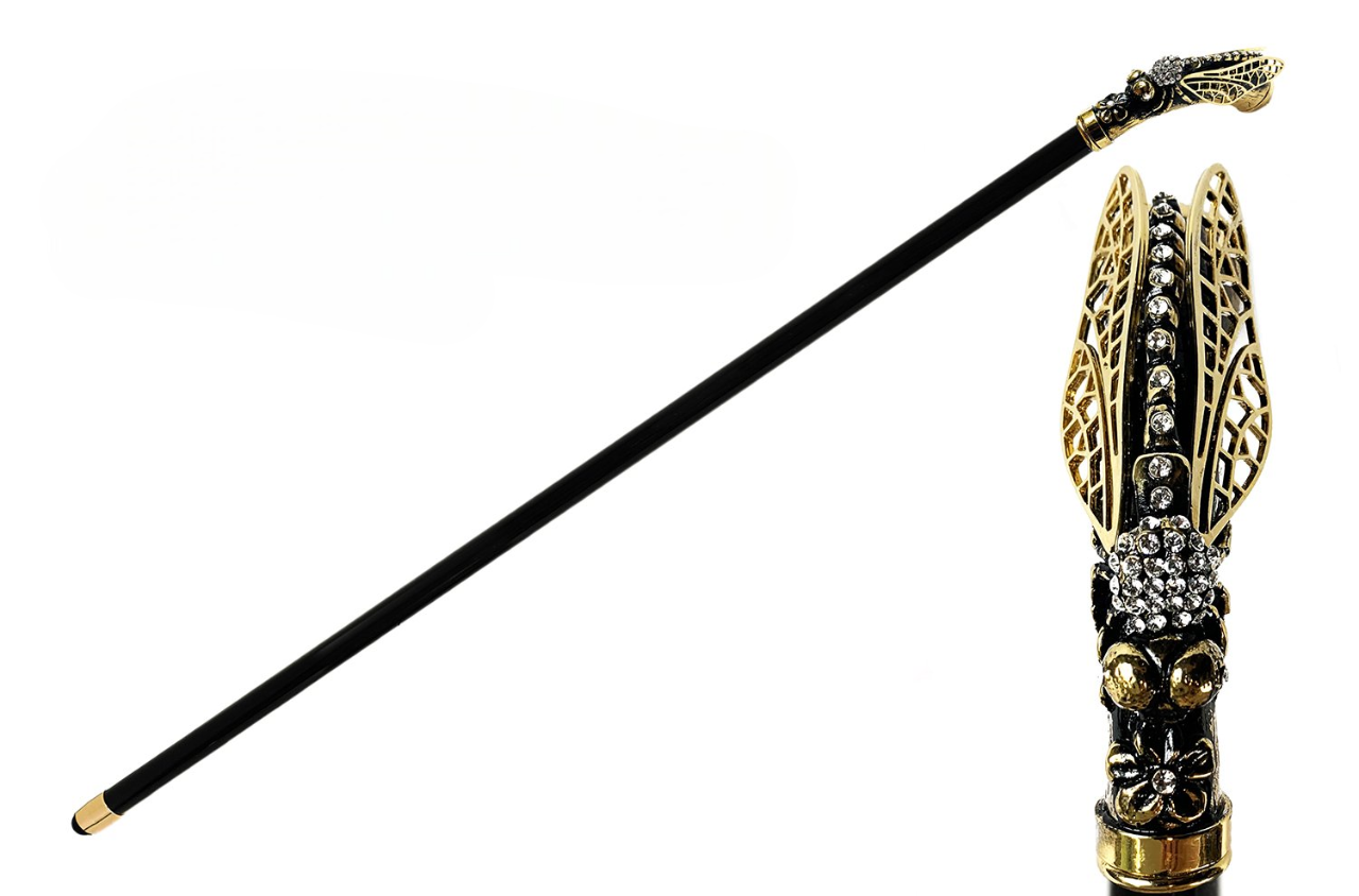 Luxury Dragonfly Walking Stick – 24K Gold-Plated with Crystals