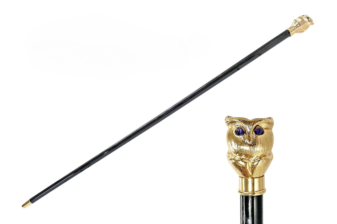 Luxury Italian Walking Stick with 24K Gold-Plated Owl and Purple Stone