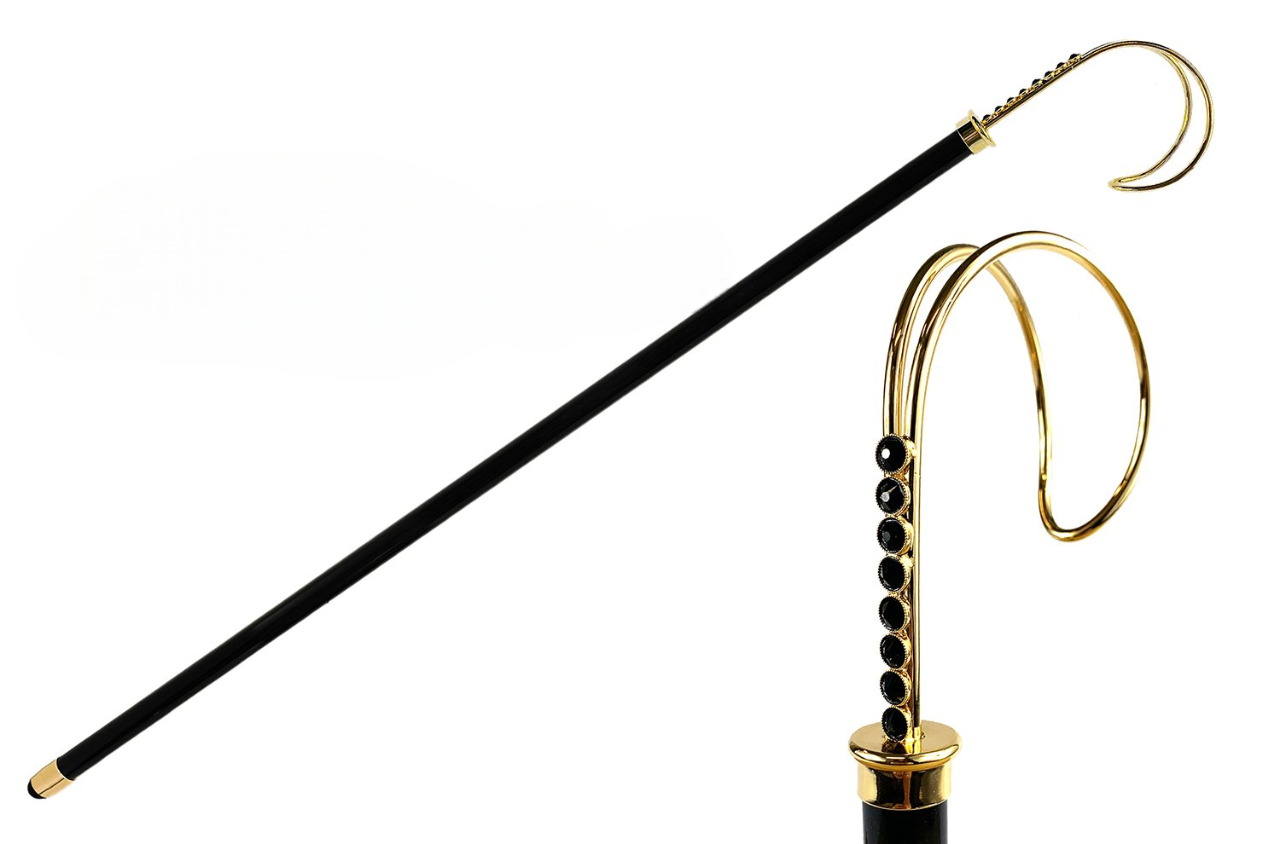 Walking Stick with Gold-Plated Handle and Black Swarovski Crystals