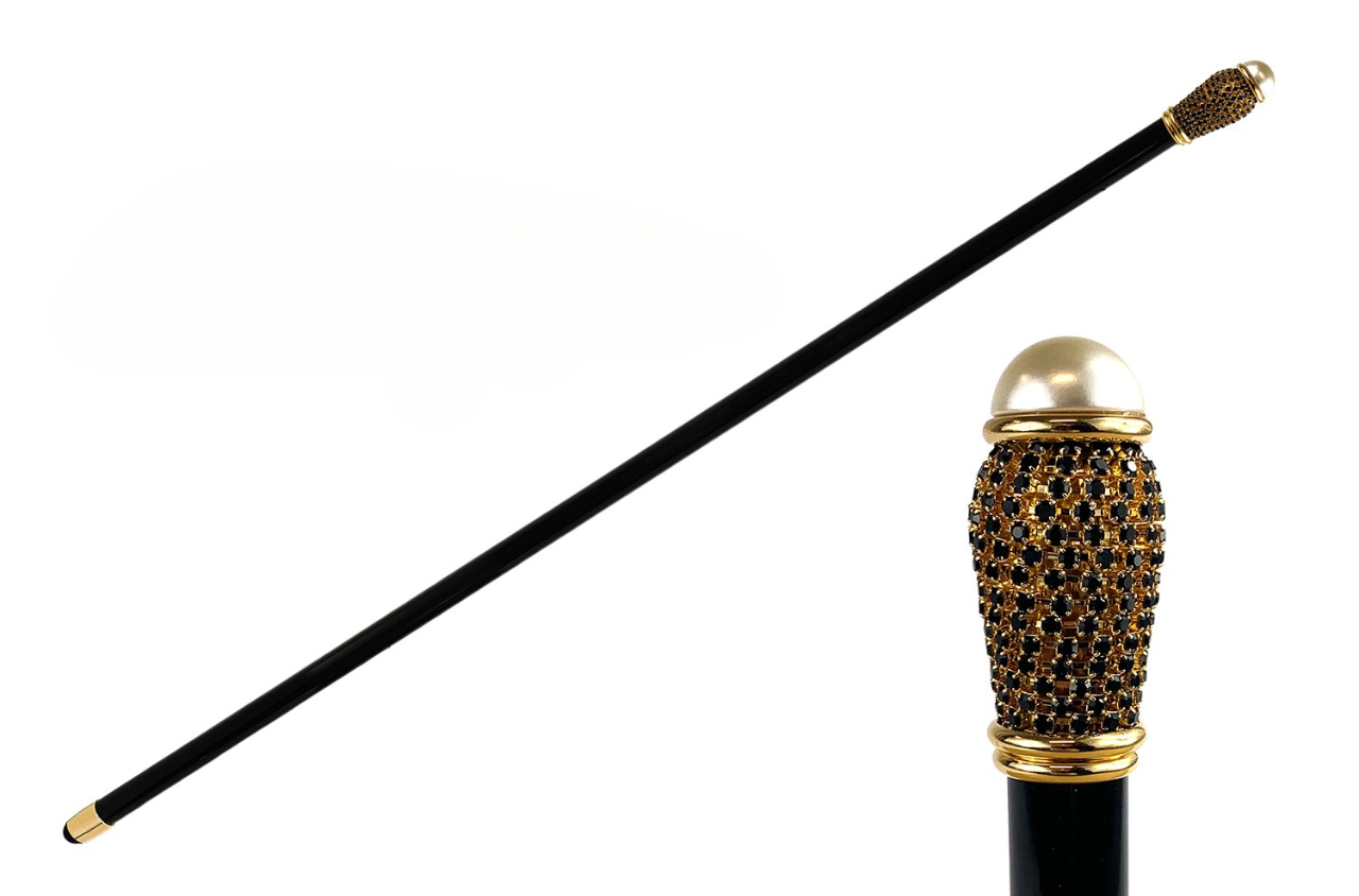 Designer Italian Walking Stick with Pearl and Black Rhinestones
