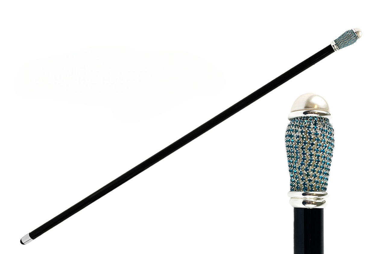 Luxury Italian Walking Stick with Aquamarine Crystals and Pearl Knob