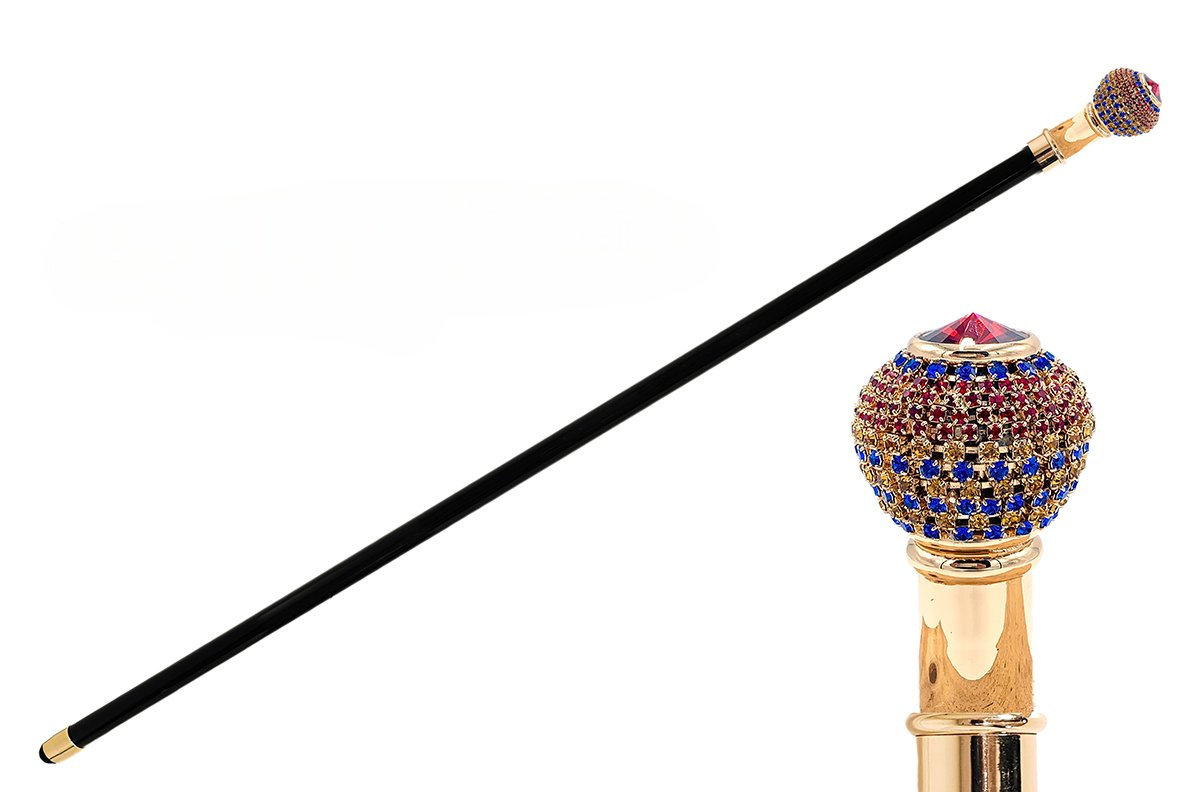 Luxury Italian Walking Stick with Tricolor Crystals and 24K Gold Knob