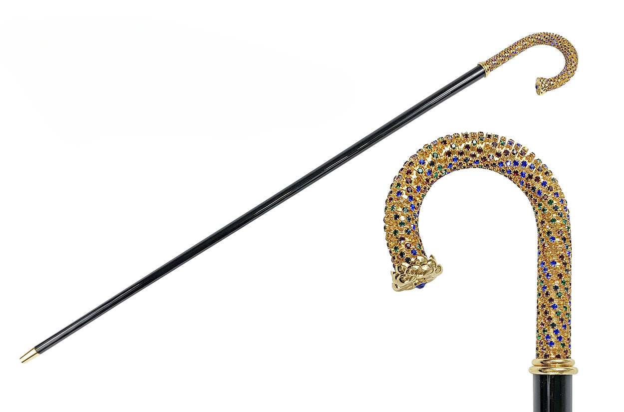 Luxury Italian Walking Cane with Multicolor Crystals and 24K Gold Plating