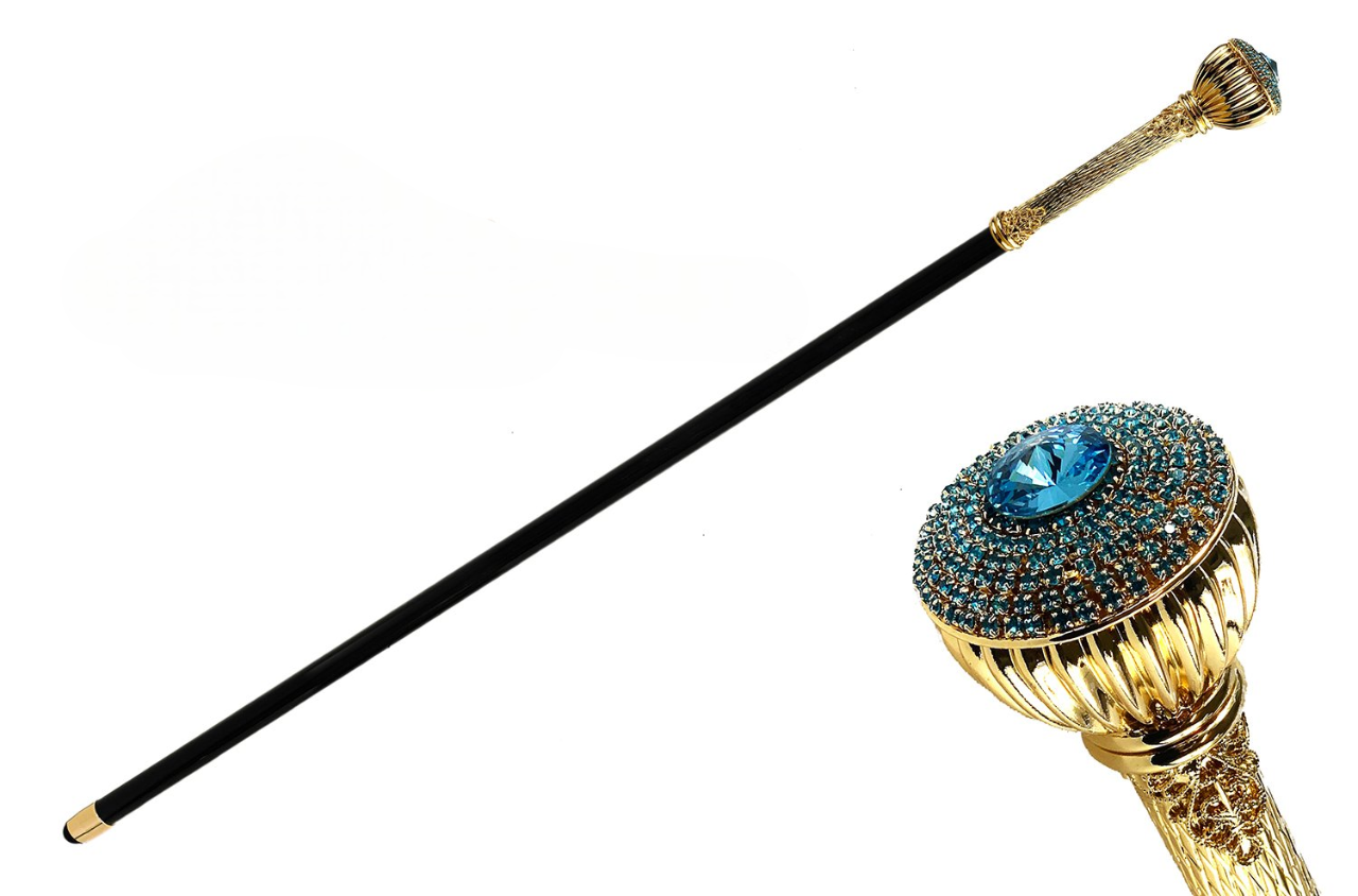 Luxury Handmade Walking Stick Adorned with Aquamarine and Swarovski