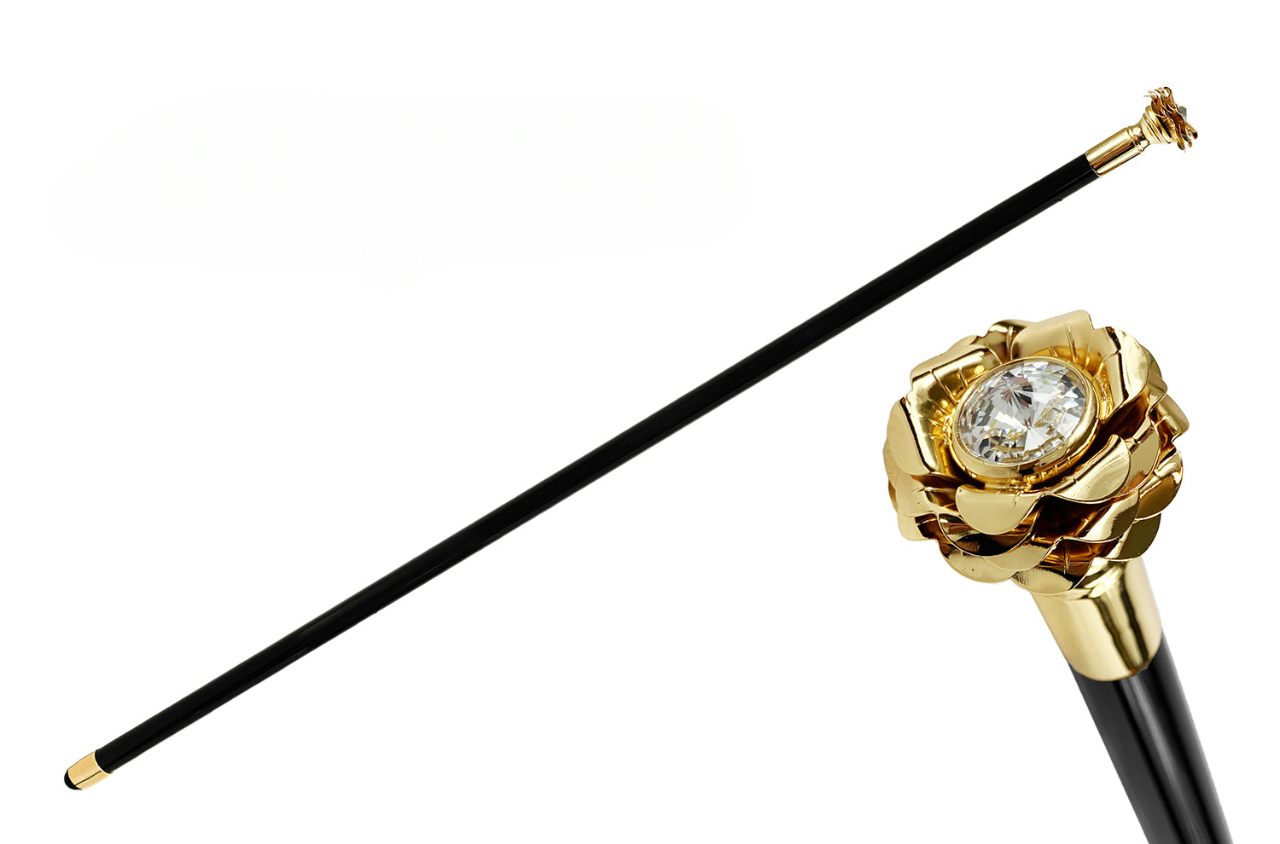 Luxury Italian Walking Stick with Rose and Swarovski Crystals in Gold