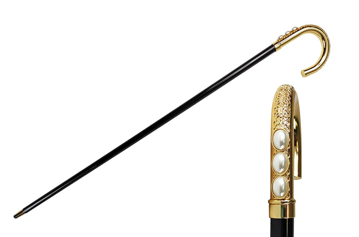 Gold-Plated Curved Walking Cane with Pearls – Luxury Men’s Cane