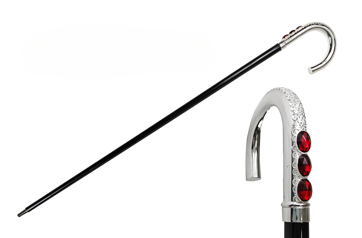 Luxury Italian Walking Cane with Red Crystals and Silver-Plated Handle