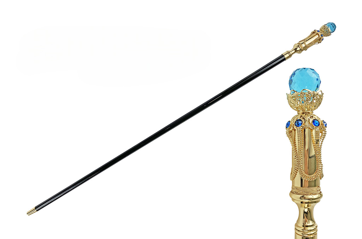 Exclusive 24K Gold-Plated Handle Walking Cane with Large Aqua Crystal