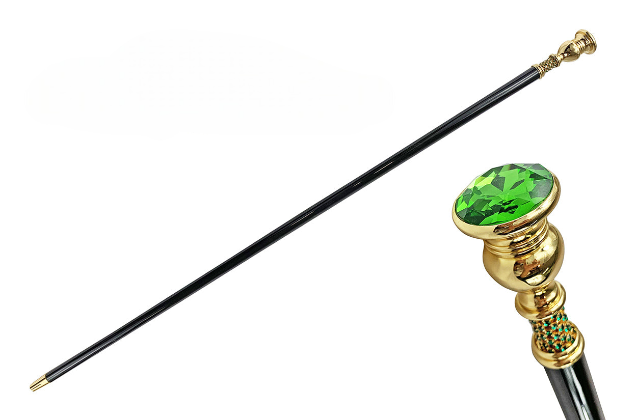 Walking Cane with Large Emerald Crystal – 24K Gold-Plated Handle