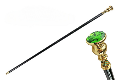 Walking Cane with Large Emerald Crystal – 24K Gold-Plated Handle