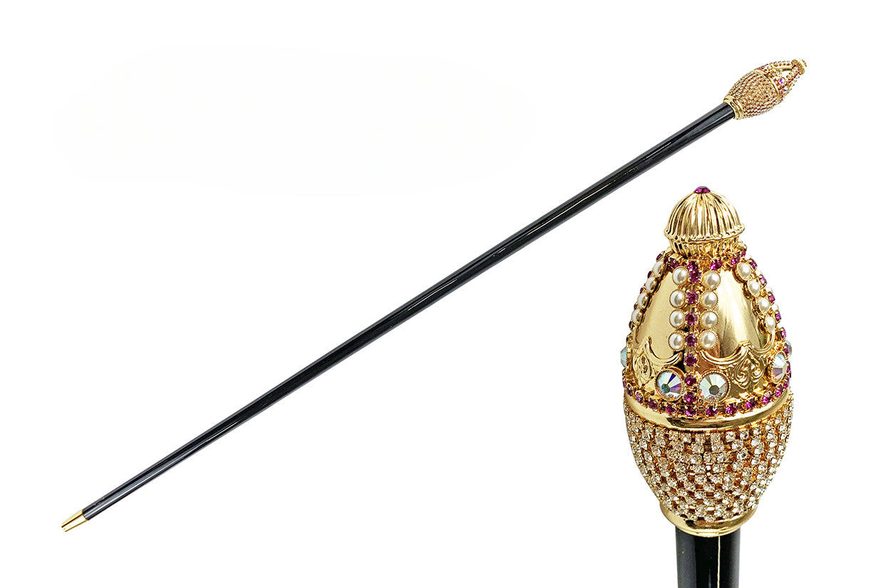 Luxury Italian Walking Stick with Crystals, Pearls, and 24K Gold Plating