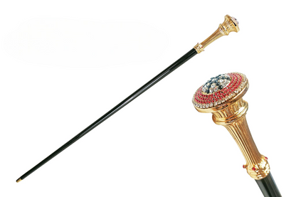 Luxury Italian Walking Stick with Red, White, and Black Crystal Handle