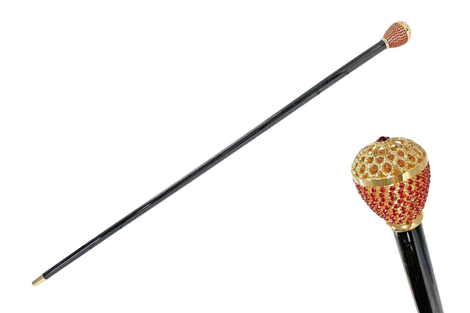 Luxury Walking Cane – 24K Gold Handle with Red Crystals, Men’s Cane