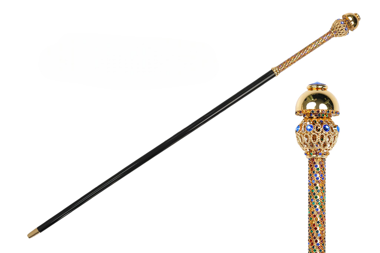 Designer 24K Gold-Plated Walking Cane with Crystal-Adorned Handle