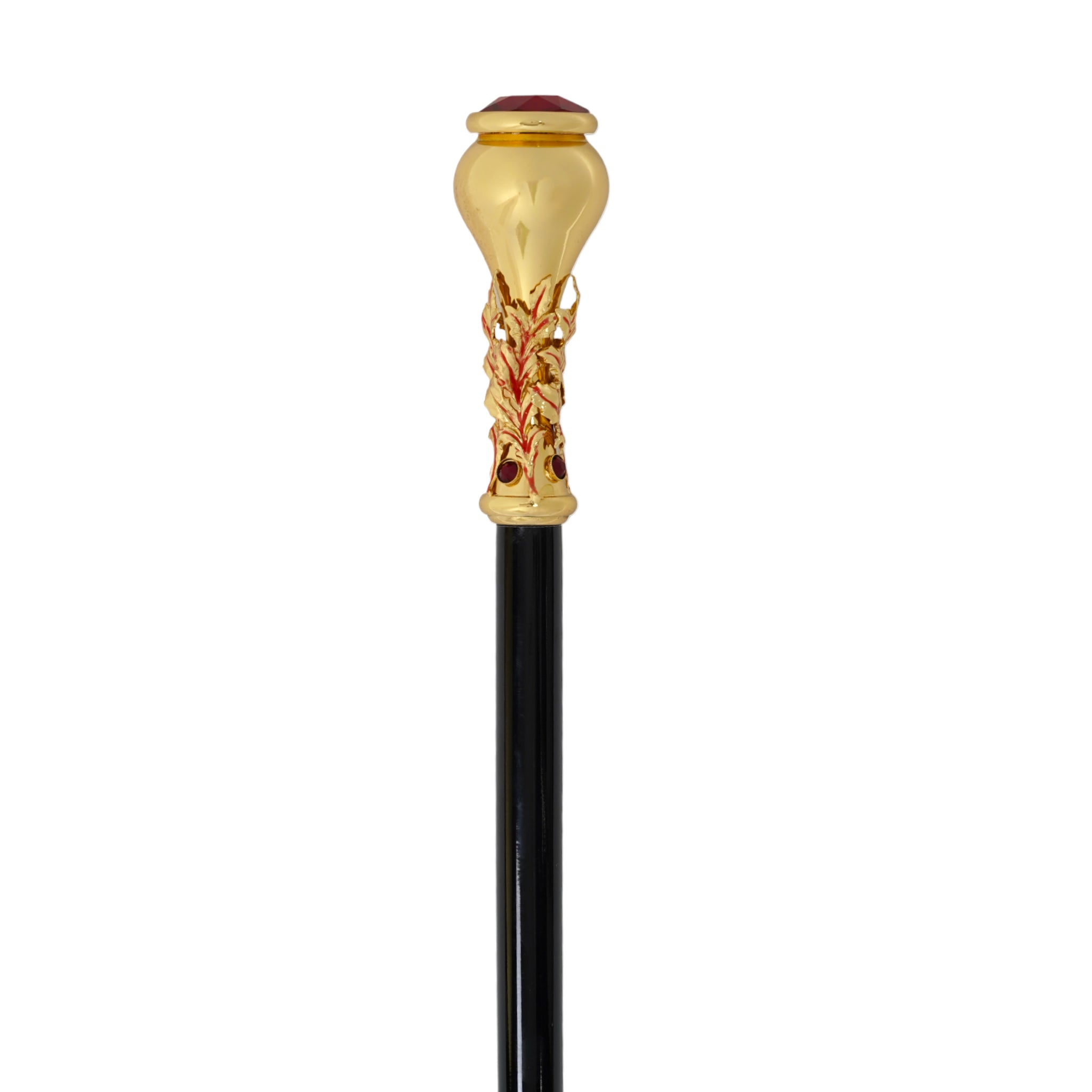 Handmade Italian Luxury 24K Gold-Plated Walking Cane with Red Crystal