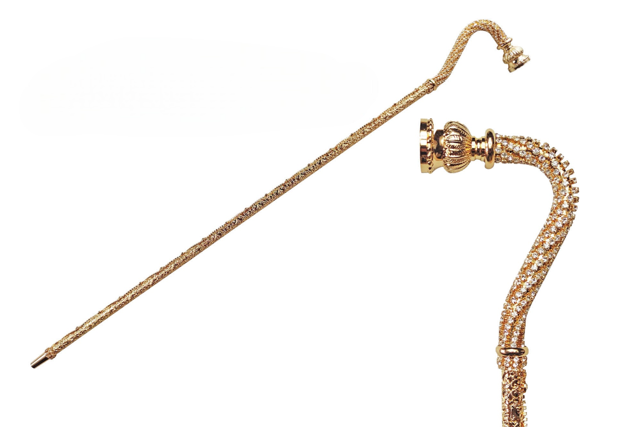 Luxury Italian Crook Walking Cane Encrusted with White Crystals