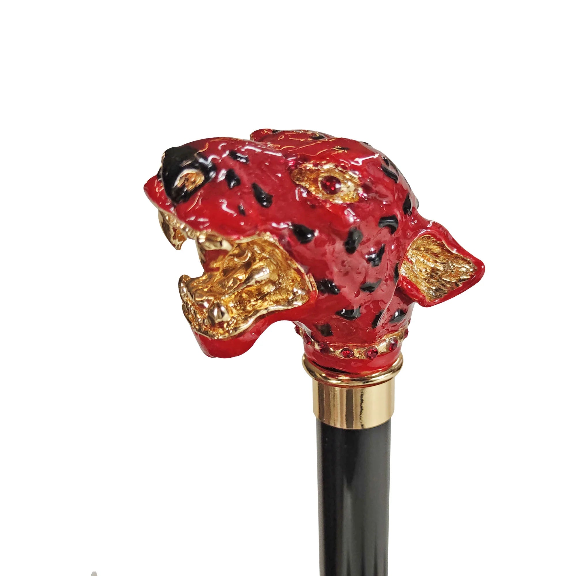 Luxury Gold Puma Walking Cane with Red Crystals – 24K Art Cane