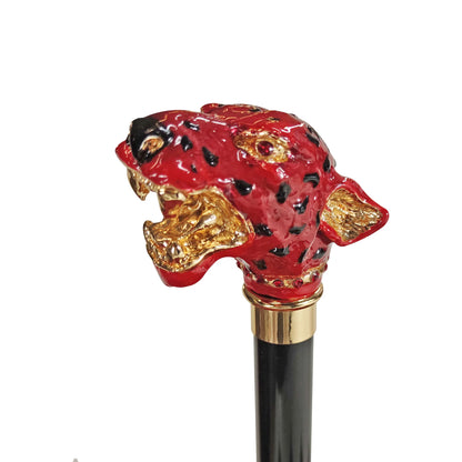 Luxury Gold Puma Walking Cane with Red Crystals – 24K Art Cane