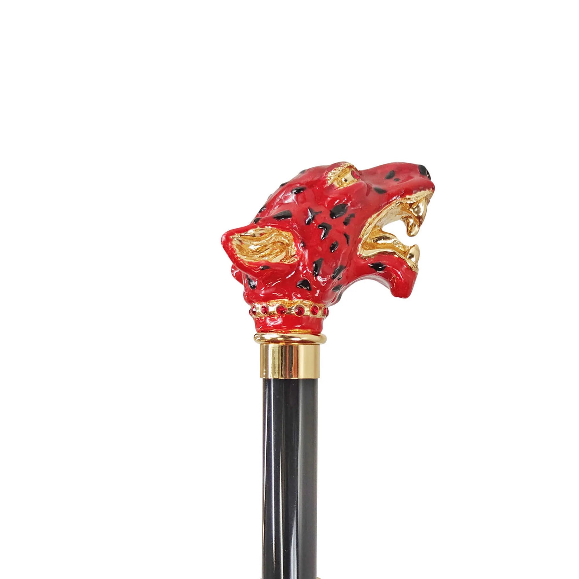 Luxury Gold Puma Walking Cane with Red Crystals – 24K Art Cane