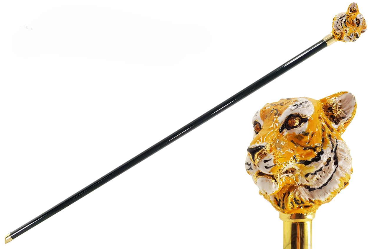Enameled Siberian Tiger Luxury Walking Cane with 24K Gold Accents
